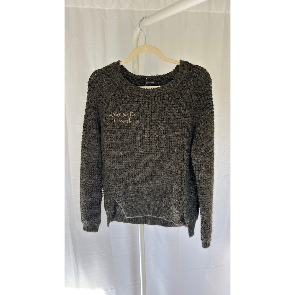 $148 OBEY N°89 Women's Olive Green Textured Sweater "What We Do Is‎ Secret" XS